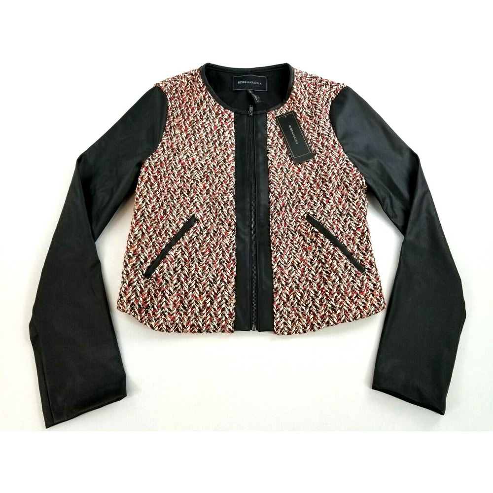 BCBGMAXAZRIA Women Tweed Mixed Media Zip Jacket Multi Black Red XS TMU4252811977